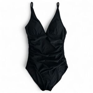 Beautikini Women's Small Black One-Piece Swimsuit V-Neck Ruched Bathing Suit